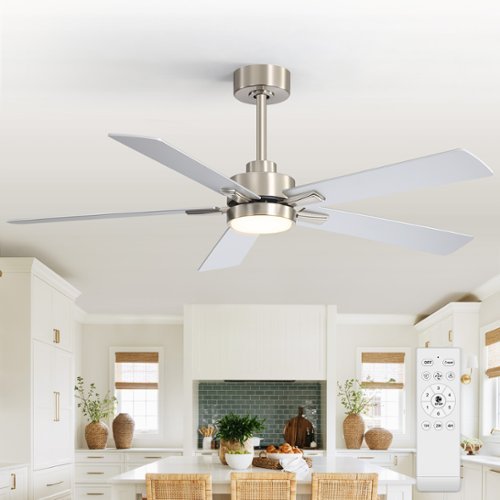 Breezary - 52" Modern Indoor Ceiling Fan with LED Light, 5 Reversible Plywood Blades, 6-Speed DC Motor, Remote, Timer, 5" Downrod - Satin Nickel and Silver-Front_Standard 