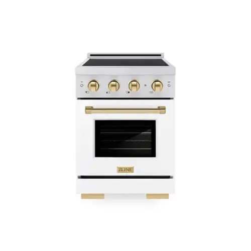 Front. ZLINE - Autograph 24 in. 3.2 cu. ft. Paramount Freestanding Induction Range with 3 Burners and Gold Accents with White Door - White Matte.