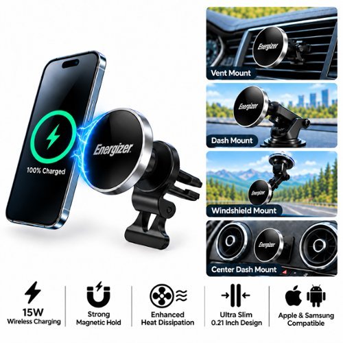  Energizer - Ultimate 15W MagSafe Magnetic Universal 3-in-1 Wireless Car Charger/Mount with Vent, Dash and Windshield Mounts Included - Silver