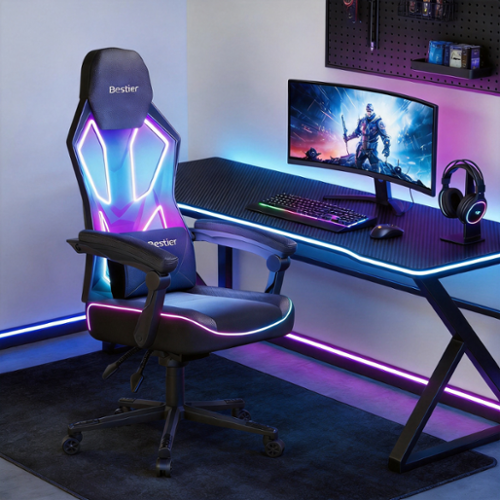Bestier - RGB Gaming Chair with LED Lights Ergonomic Cushion & Breathable Mesh Back Computer Chair - Black-Front_Standard 