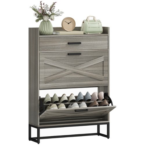 Homcom - Narrow Shoe Storage Cabinet, 12 Pairs Farmhouse Shoe Organizer with 2 Flip Drawers, Adjustable Shelves - Distressed Gray-Front_Standard 