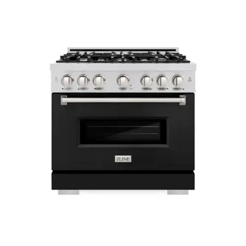 Front. ZLINE - ZLINE 36" Classic Gas Range with 6 Burner Cooktop and Convection Oven (CGR-BLM-36) - Satin Steel/White Matte.