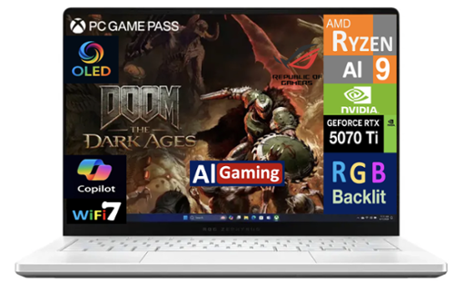ASUS - ROG Zephyrus G14 Gaming Laptop, Ryzen AI 9 HX 370, 32GB, 1TB SSD, 14.0" (2880x1800), RTX 5070 Ti, Win 11 Home - Platinum White-Front_Standard 