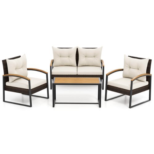Costway 4 PCS Patio Conversation Set with Coffee Table Solid Acacia Wood Armrests Tabletop - Mix Brown,Off White