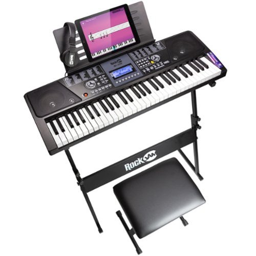 Rockjam - RJ720-SK 61 Key Keyboard Piano Kit with Keyboard Stand, Keyboard Bench, Sheet Music Stand & Lessons - Black-Front_Standard 