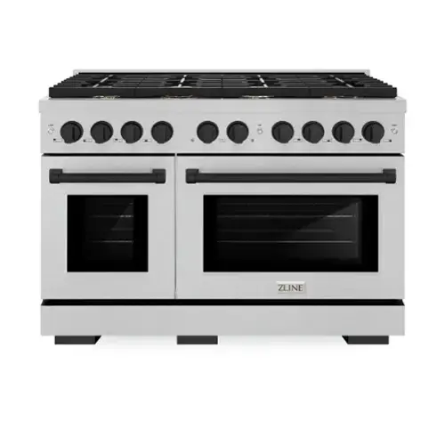 Front. ZLINE - ZLINE Autograph 48 in. Paramount Satin Steel Gas Range w/ 8 Burners & Black Accents (SGRSZ-48-MB) - Stainless Steel.