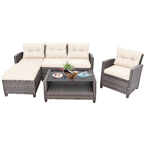 Costway - 4PCS Patio Rattan Furniture Set Sofa Ottoman Cushion Garden Deck - White-Front_Standard 