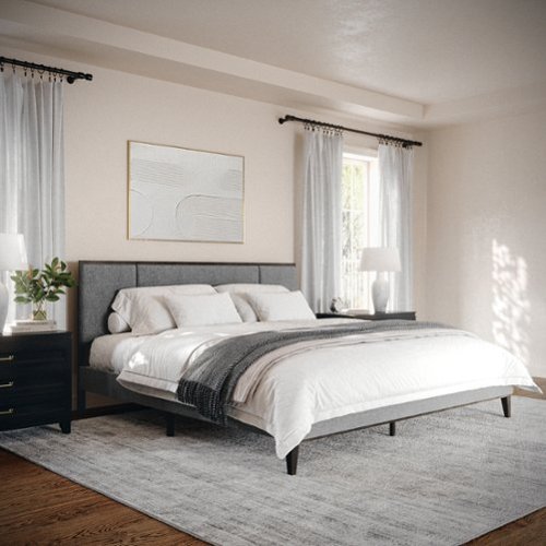 Martha Stewart - Jett Wooden King Size Platform Bed with Upholstered Inset Headboard - Gray Fabric/Brown Gray Frame-Front_Standard 
