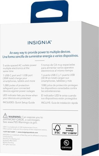 Insignia™ 5-Outlet / 1-USB-C / 1-USB Wall Tap 1,080 Joules Surge Protector - White BUY IN EUROPE