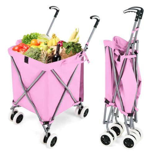 Costway - Folding Shopping Cart Utility with Water-Resistant Removable Canvas Bag - Pink-Front_Standard 