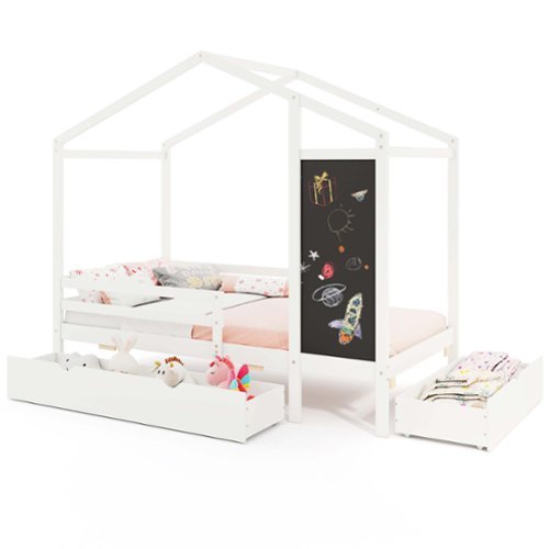 Costway Twin House Bed with 2 Storage Drawers Solid Wood Platform Bed with Blackboard - White