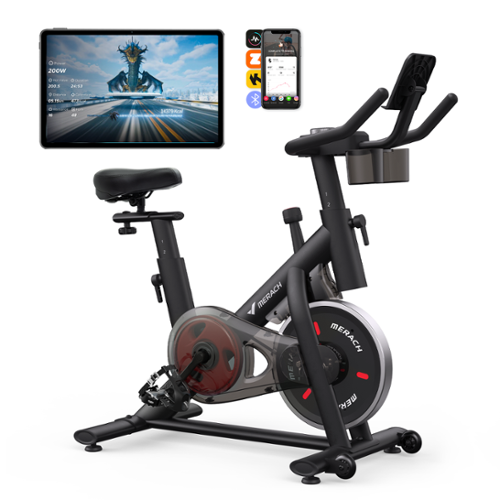 MERACH - S26 Exercise Bike with New RPM Game Mode for Home Stationary Bike Enhanced Electronic, Holder Silent Belt Drive - Red-Front_Standard 