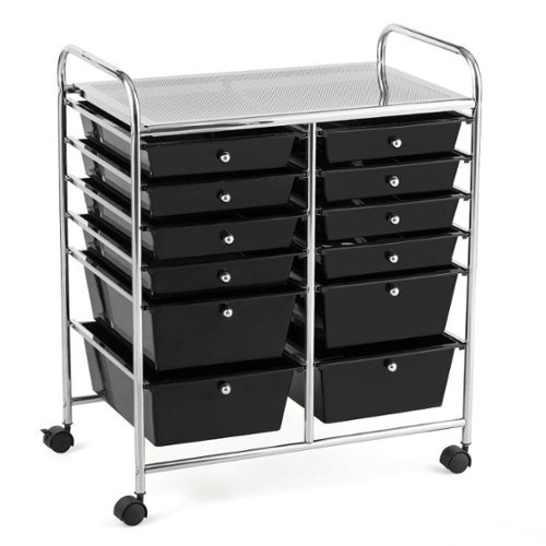Gymax - Office Rolling Cart 12 Storage Drawer Studio Organizer Bins Scrapbook Paper - Black-Front_Standard 