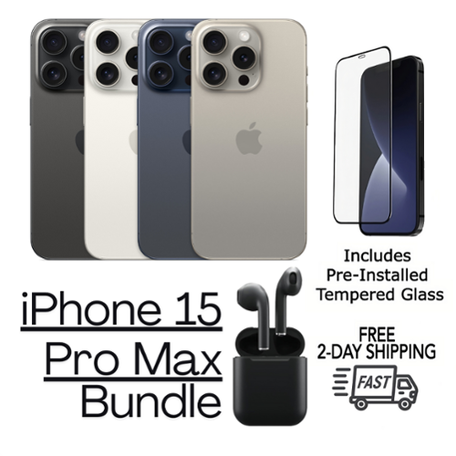 Apple - Refurbished Excellent - iPhone 15 Pro Max A2849 (Fully Unlocked) 1TB Bundle with Pre-Installed Tempered Glass and Bluetooth Earbuds - Blue Titanium-Front_Standard 