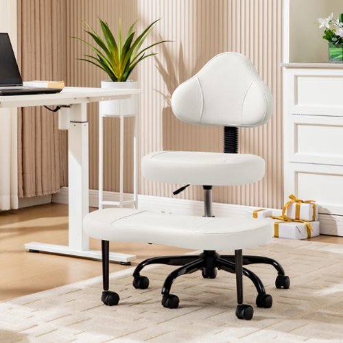 KERDOM - Ergonomic Cross-Legged Office Chair with Wheels, Meditation & Kneeling Chair for Adult, PU Leather Wide Seat 360° Swivel - White-Front_Standard 