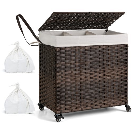 Costway - Laundry Hamper w/Wheels & Lid, 125L 3-Section Clothes Hamper w/2 Liner Bags - Brown-Front_Standard 