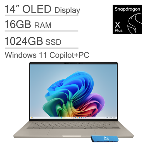 ASUS - Zenbook A14 14" FHD+ OLED Laptop - Copilot+ PC - Snapdragon X Plus - 16GB RAM - 1TB SSD - Zabriskie Beige-Front_Standard 