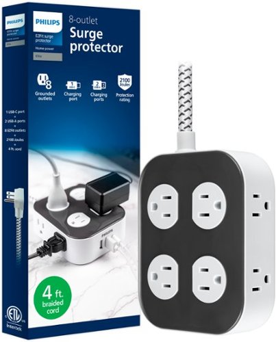 Philips Surge Protector, 8 Grounded Outlets, 2 USB-A, 1 USB-C, 2100J, 14AWG Braided Cord, 4ft, Dark Gray & Artic White - Dark Gray & Arctic White