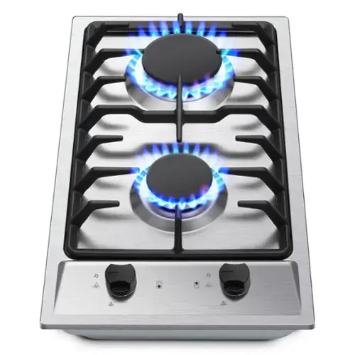 Front. COWLOWN - 12in Built-in Propane Cooktop 2 Burners Stainless Steel Tempered Glass for RV & Kitchen with Safety Protection - Silver.