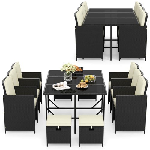 Costway - 11 Pieces Patio Dining Set Space-saving Wicker Chairs & Tempered Glass Table - Black + White-Front_Standard 