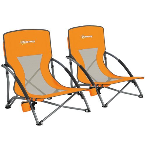 Outsunny - Set of 2 Backpack Beach Chair, Folding Beach Chairs with Mesh Back, Carry Bag and Cup Holder - Orange-Front_Standard 