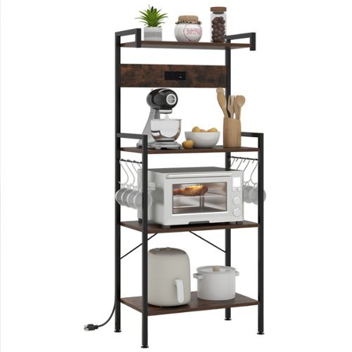 Gymax - Kitchen Bakers Rack w/ Power Outlet 4 Tiers Coffee Bar Table w/ 2 AC Outlets - Rustic Brown-Front_Standard 