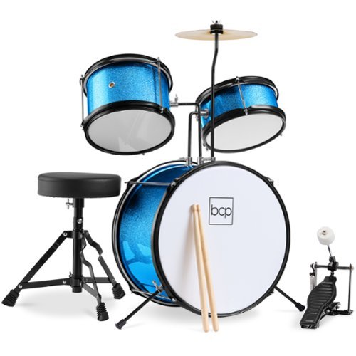 Best Choice Products - Kids 3-Piece Beginner Drum Set with Sticks, Cushioned Stool and Drum Pedal - Light Blue - Light Blue Sparkle-Front_Standard 