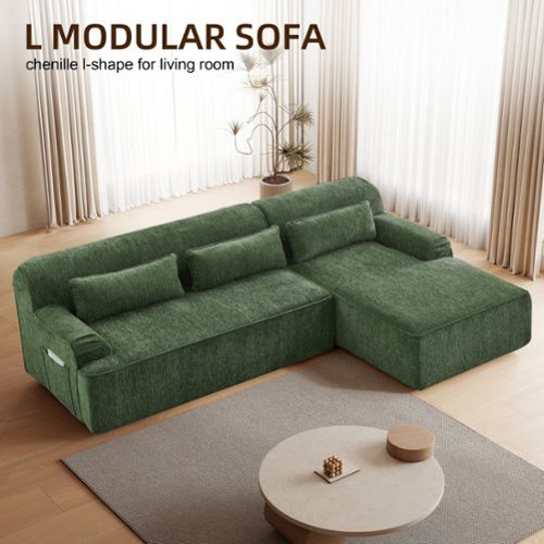 Aukfa - Chenille L-Shape Sectional Sofa-Minimalist, Sleeper Couch for Living Room, Apartment, Reception-No Assembly - Green-Front_Standard 