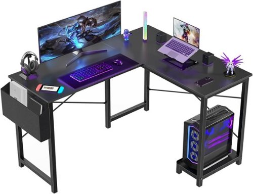 AOITUN - Reversible L-Shaped Desk 50" Computer Corner Gaming Table with Side Pouch & Bottom Shelf for Home Office - Black-Front_Standard 