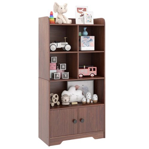 Costway - 4-Tier Bookshelf 2-Door Storage Cabinet with4 Cubes Display Shelf for Home Office - Brown-Front_Standard 