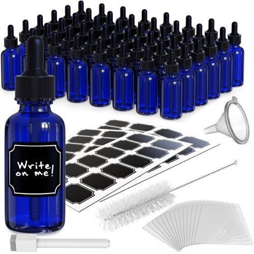 Nevlers - 1 Oz. Glass Dropper Bottles with Funnel, Brush, Shrink Wrap, Marker and Labels (Pack of 48) - Blue-Front_Standard 