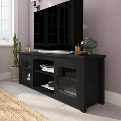 Emma + Oliver - Liam TV Stand for up to 80" TV's - 65" Media Console with Classic Full Glass Doors & 3 Adjustable Shelves - Black-Front_Standard 