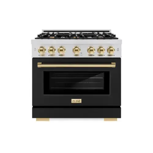 Front. ZLINE - ZLINE Autograph 36" Freestanding Select Gas Range w/ 6 Burners w/ Black Door & Gold Accents (HGRZ-BLM-36-G) - Stainless Steel.