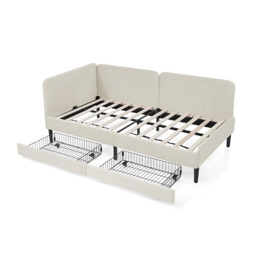 Ecooso - Twin Size Upholstered Platform Bed Frame with 2 Storage Drawers, Adjustable Velvet Sofa Bed - Beige-Front_Standard 