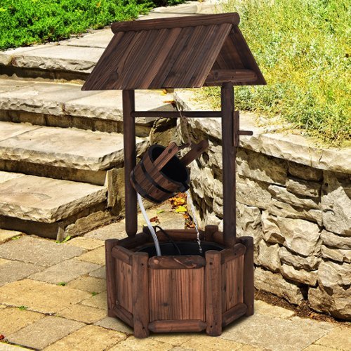 Costway Garden Rustic Wishing Well Water Fountain Wooden Outdoor Electric Backyard Pump - Brown GLOBAL SHIPPING