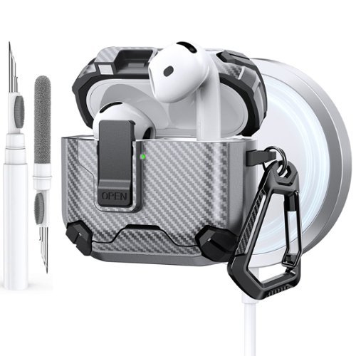 Dteck - Case for Apple AirPods 4th Gen with Magnetic Lock,Compatible with Mag Safe,Carbon Fiber Texture Cover with Carabiner - Gray-Front_Standard 