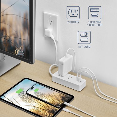 Insignia™ 4’ 2 Outlet Power Strip with USB-C and USB Ports - White WORLDWIDE DELIVERY