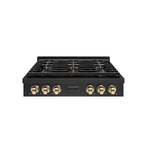 Front. ZLINE - ZLINE Autograph 36 in. Black Stainless Paramount Rangetop with 6 DuoPro Burners and Gold Accents (PSRTBZ-36-G) - Black Stainless Steel.