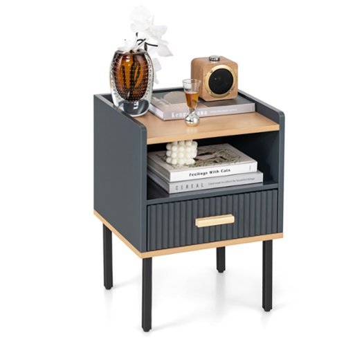 Costway - Nightstand Bedside End Table with Drawer & Open Shelf for Living Room Bedroom Grey - Gray/Natural