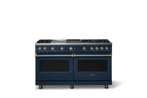 Front. Viking - 60 in. Wide 6 Burner Pro 5 Series 8.0 Cu. Ft. Freestanding Sealed Burner LP Gas Convection Range with Brushed Brass Trim - Slate Blue.