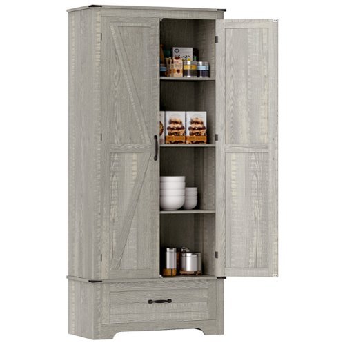 Homcom - 72" Tall Farmhouse Kitchen Pantry Cabinet - Kitchen Storage Cabinet with Adjustable Shelves & 2 Barn Doors & Drawer - Light Gray-Front_Standard 
