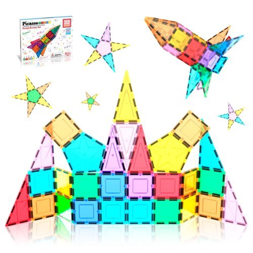  PicassoTiles - PICASSO-TILES Magnetic Tiles for Kids, 32PCS Rocket Theme Construction STEM Building Blocks Educational Toy