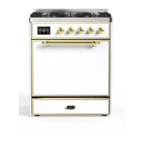 Front. ILVE - ILVE Majestic II Series  30 in. Dual Fuel Range with 5 Sealed Burners (Natural Gas, Brass Trim) - White.