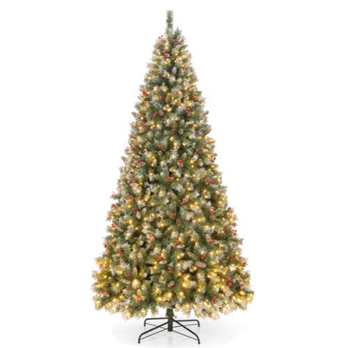 Costway - 9 FT Artificial Christmas Tree Hinged with 650 Warm LED Lights & 309 Red Berries - Green/White