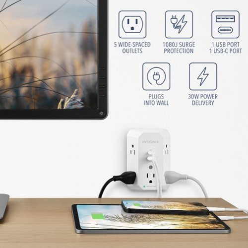 Insignia™ 5-Outlet / 1-USB-C / 1-USB Wall Tap 1,080 Joules Surge Protector - White WORLDWIDE DELIVERY