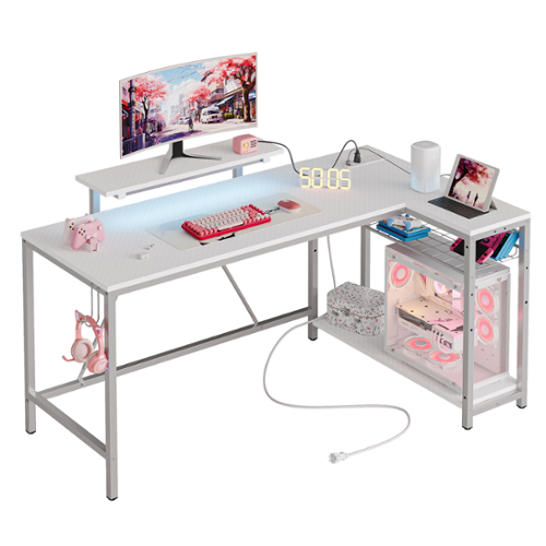 Bestier - L-Shaped Gaming Desk with LED Lights, Power Outlets, and Monitor Stand - 58" Wide - white