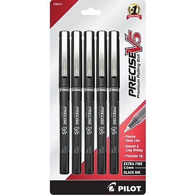 Pilot - Precise V5 Rollerball Pens, Extra Fine Point, 0.5mm, Ink, 5/Pack (26010) - Black