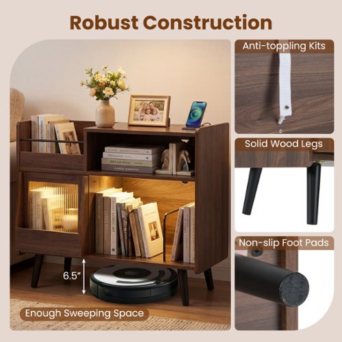 Gymax Record Player Stand w/LED Light Power Outlets Sliding Door