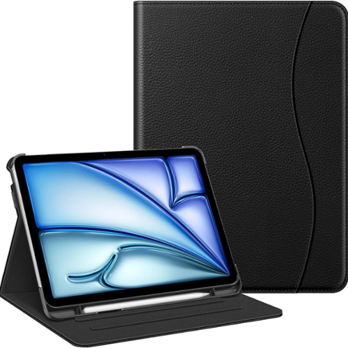 Stock Preferred - iPad Air 11" (M3/M2) Case with Pencil Holder & Pocket – Protective Stand Cover - Black-Front_Standard 