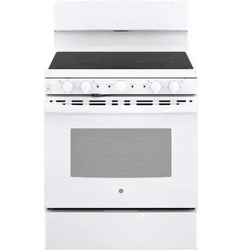 Front. GE - 5 Cu. Ft. Freestanding  Electric Range with Self-Cleaning and Dual-Element Bake - White.
